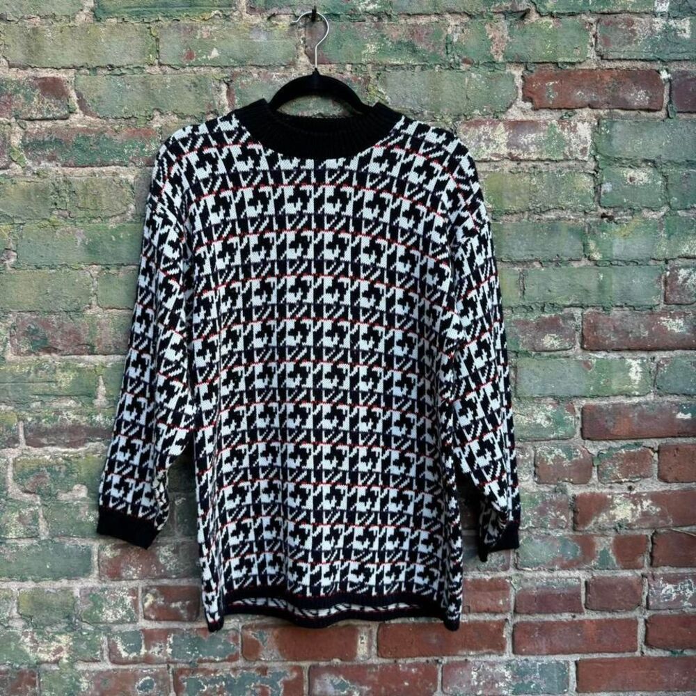 Vintage 80s Sweater Laura Tyler Women's Size Medium Houndstooth Knit‎ Retro